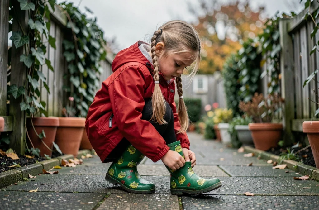 Petite fille de 6 ans qui s'habille seule dans le jardin en zippant sa botte, symbole d'autonomie chez l'enfant