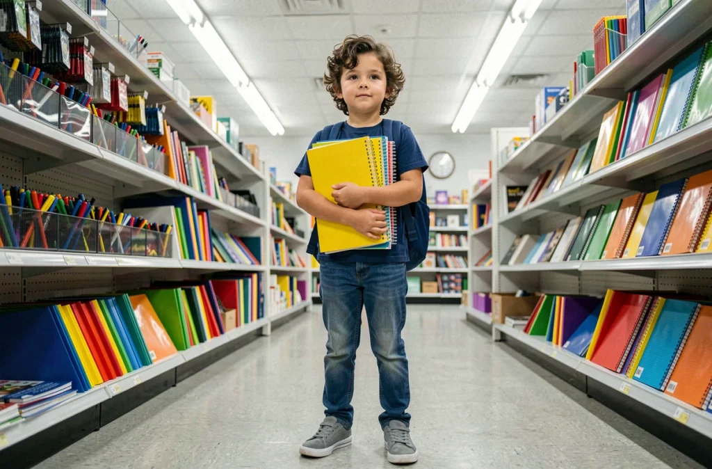 Enfant souriant avec un sac à dos dans un rayon de fournitures scolaires avant la rentrée