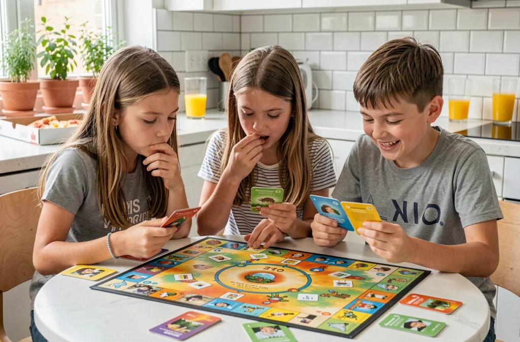 Trois enfants concentrés autour d'un jeu de société coloré sur une table de cuisine lors d'une soirée en famille