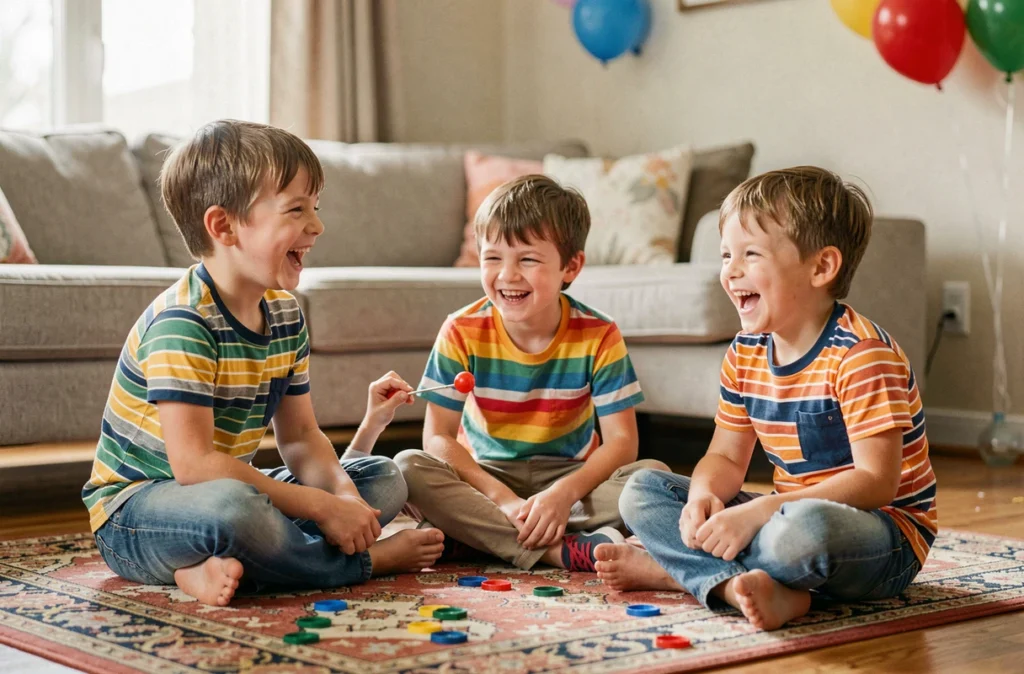 Groupe d'enfants jouant ensemble par terre lors d'un anniversaire à la maison