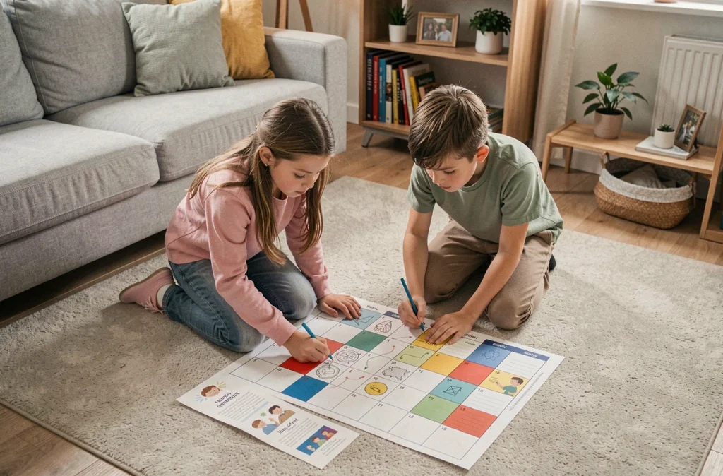 Deux enfants remplissant ensemble un planning mensuel familial imprimé posé sur le sol du salon