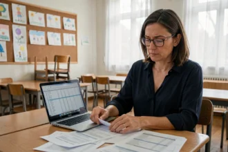 Enseignante consultant la grille des salaires 2026 dans une salle de classe après les cours