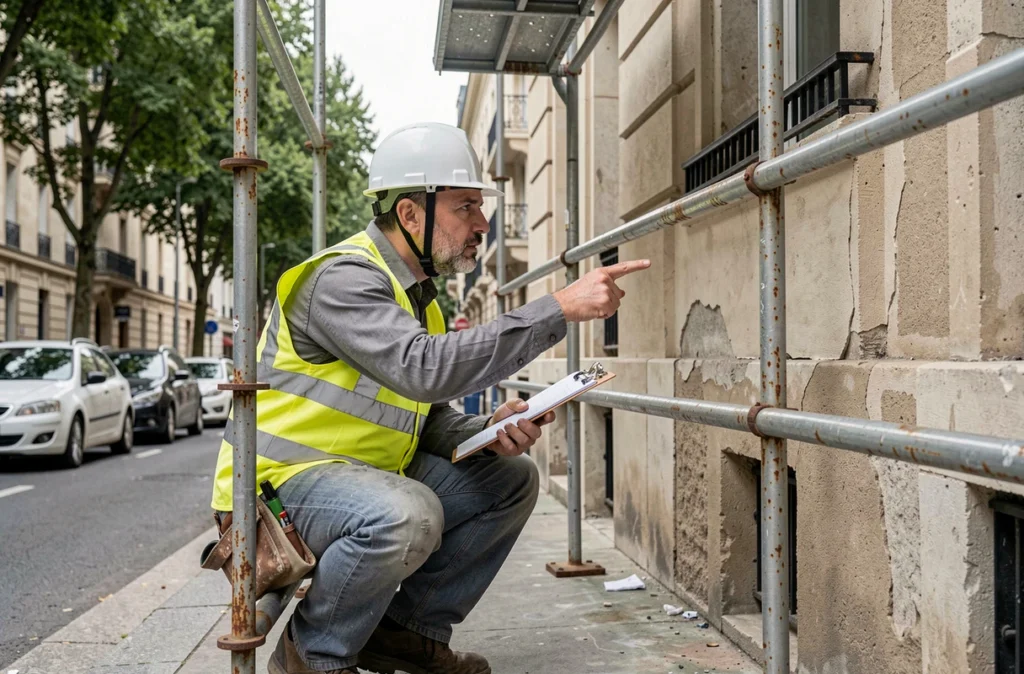 Entrepreneur en bâtiment inspectant la façade d'un immeuble en copropriété depuis un échafaudage extérieur