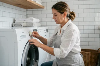 Femme entretenant le joint en caoutchouc d'un lave-linge pour prolonger sa durée de vie