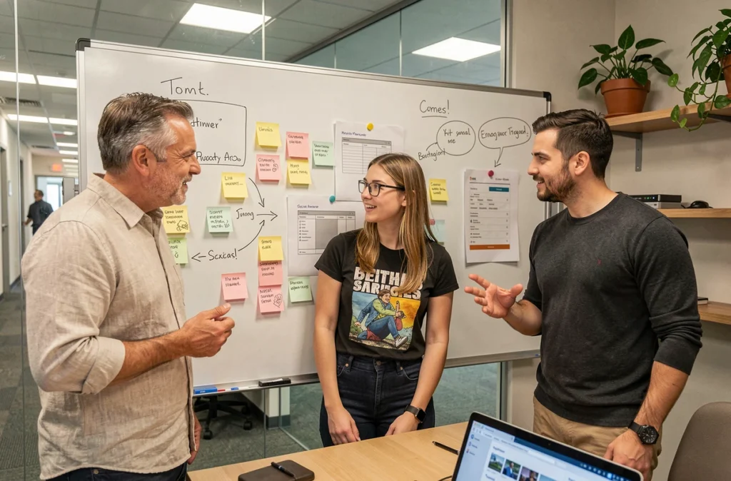 Équipe de professionnels de la communication collaborant autour d'un tableau blanc stratégique lors d'un atelier de transformation digitale