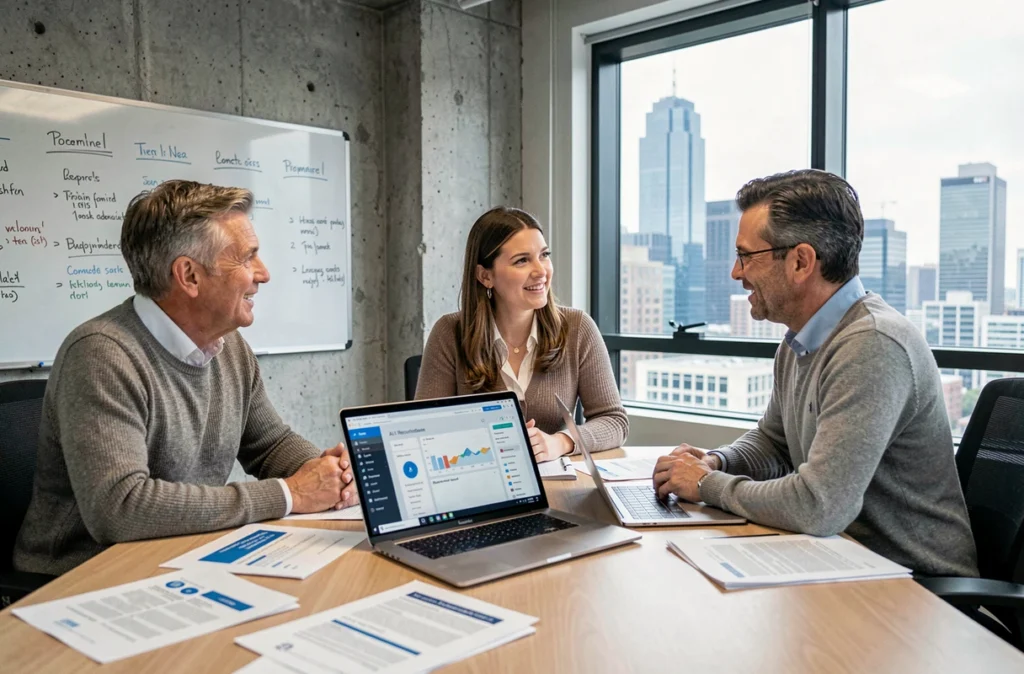 Équipe de professionnels RH collaborant autour d'un tableau de bord IA de recrutement en salle de réunion