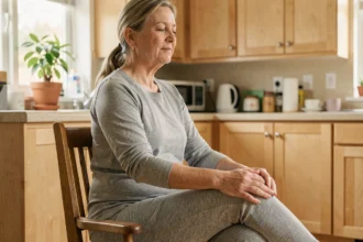 Femme de 60 ans pratiquant un étirement doux du genou assis pour soulager les douleurs articulaires à domicile