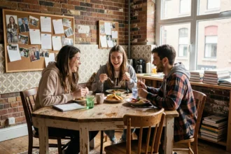 Trois étudiants en colocation partagent un repas autour d'une table en bois dans un appartement urbain chaleureux