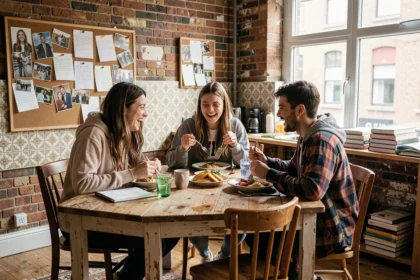 Trois étudiants en colocation partagent un repas autour d'une table en bois dans un appartement urbain chaleureux