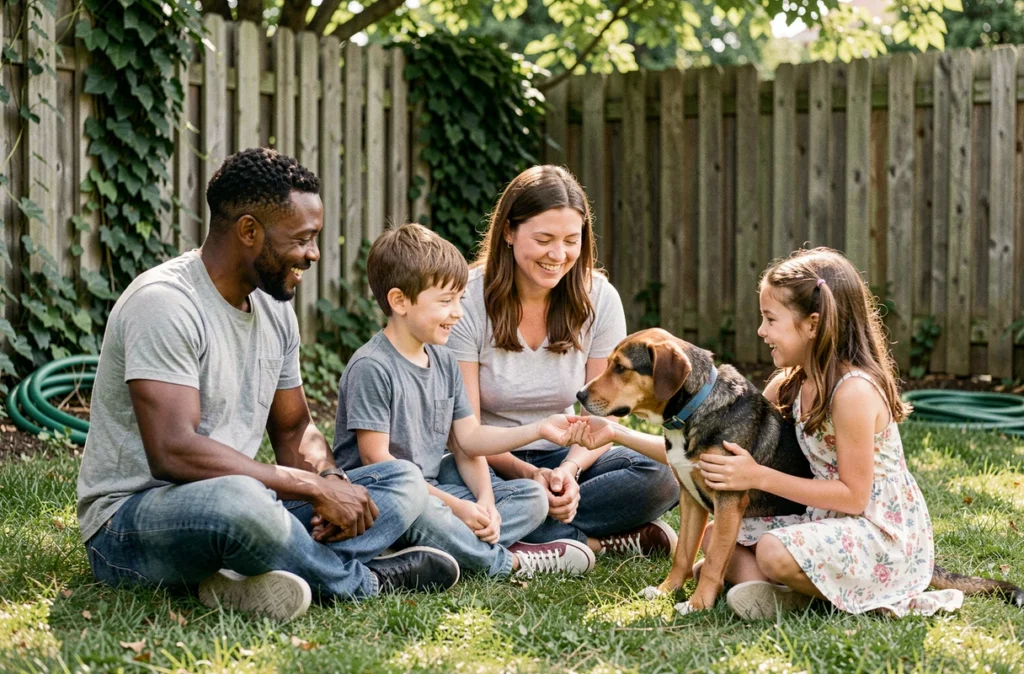Famille réunie dans le jardin pour accueillir un chien de refuge, montrant les premières étapes de l'adoption et de l'intégration d'un animal