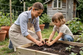 Mère et fille plantant des plants de tomates dans un potager surélevé en bois, mains dans la terre
