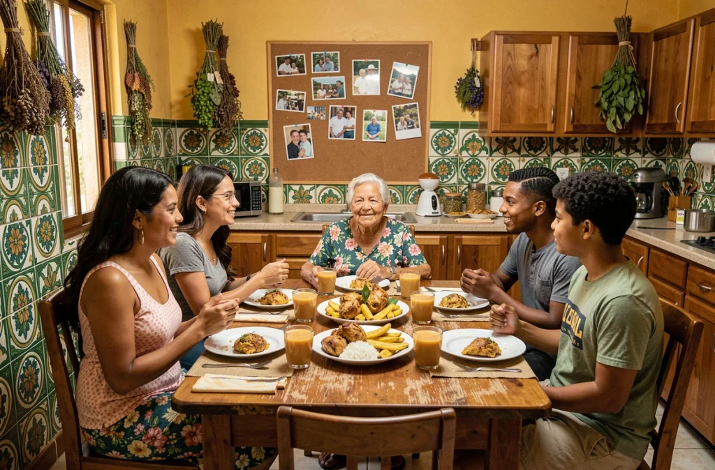 Famille portoricaine multigénérationnelle réunie autour d'un repas traditionnel, évoquant l'héritage familial et culturel de Jennifer Lopez