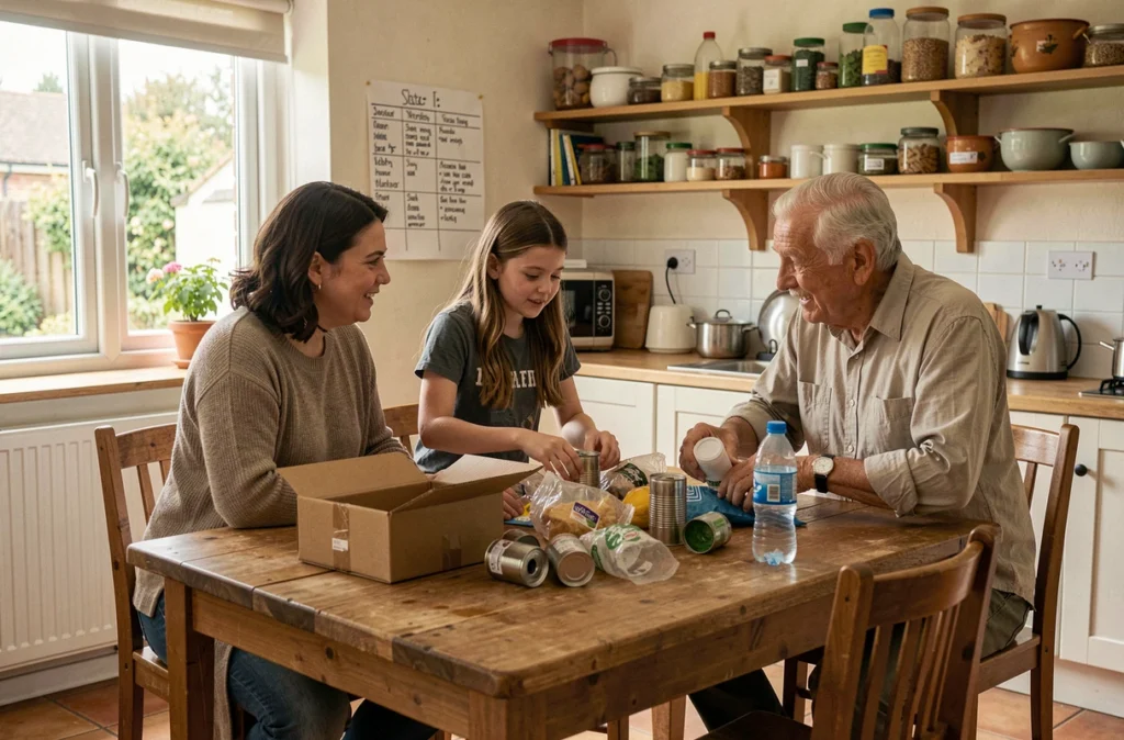 Famille de trois générations triant ensemble les déchets recyclables autour d'une table en bois dans une salle à manger