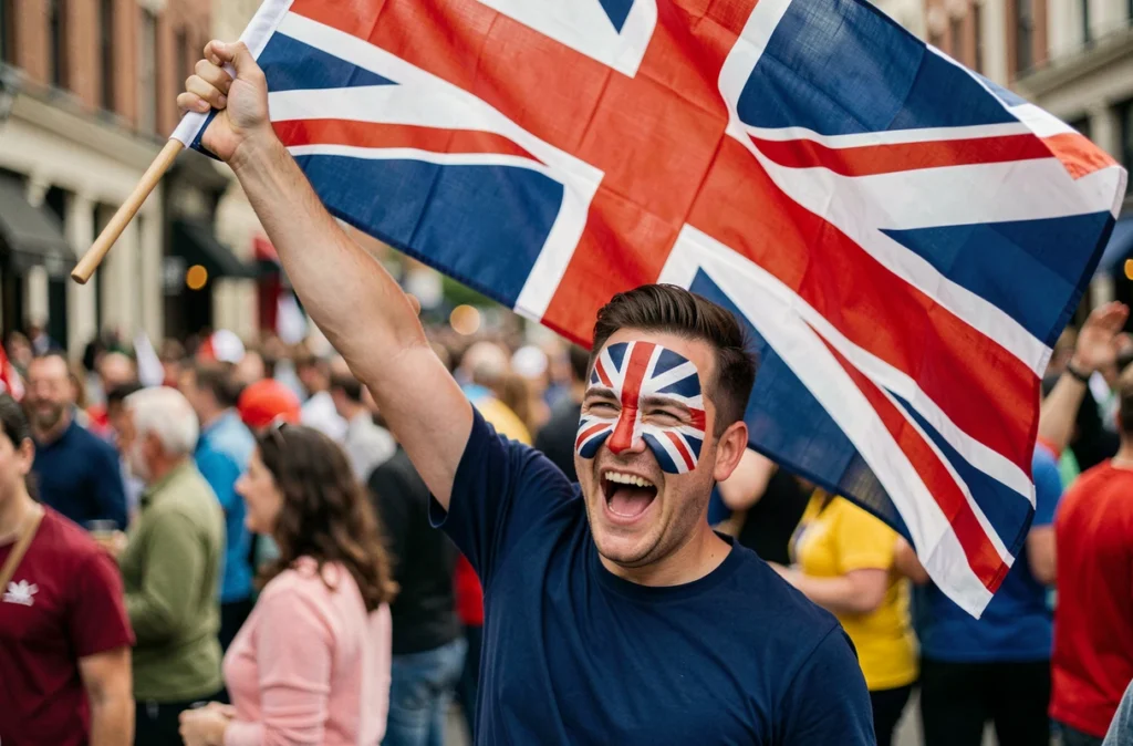 Fan de sport tenant un grand drapeau du Royaume-Uni avec un maquillage Union Jack lors d'un événement en plein air