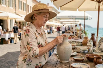 Femme chinant un vase ancien dans une brocante en bord de mer dans les Alpes-Maritimes