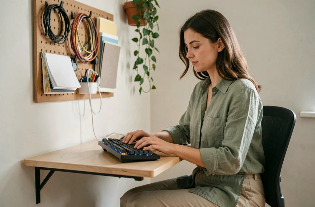 Jeune femme travaillant à un bureau mural rabattable dans un studio aménagé avec organisateur mural et plante suspendue