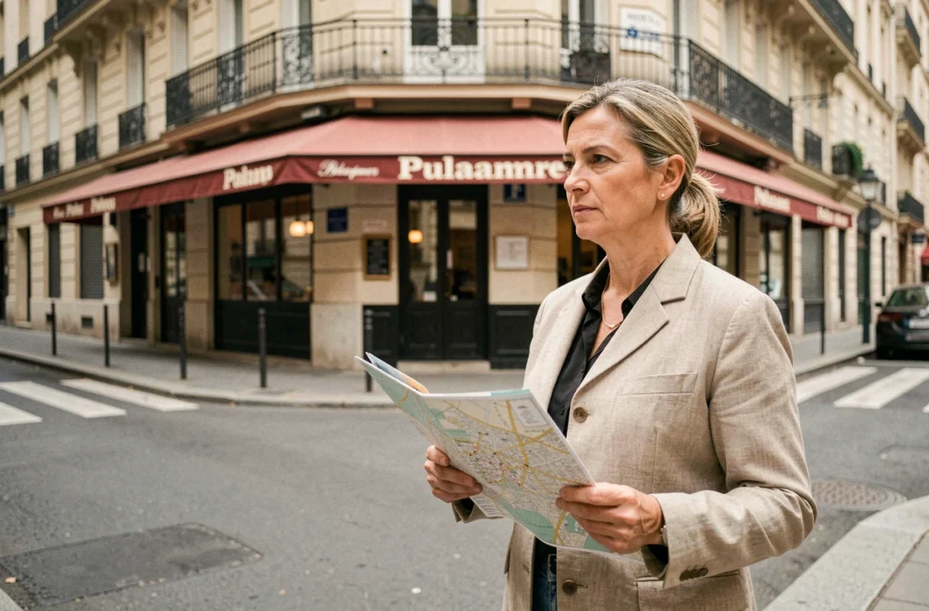 Femme consultant une carte de ville à un carrefour pour trouver l'impasse des Lilas dans un quartier parisien haussmannien