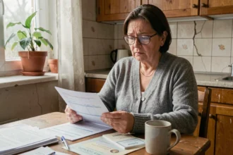 Femme d'âge mûr consultant ses relevés d'épargne à la table de sa cuisine modeste, illustrant la fiscalité des livrets pour les ménages à revenus modestes