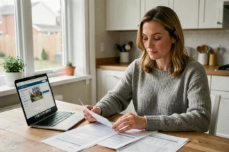 Femme consultant son contrat d'assurance habitation à la table de cuisine avec un ordinateur portable