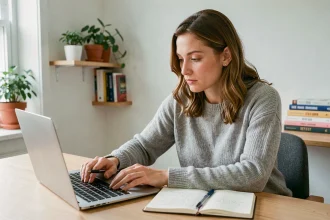Femme concentrée relisant un message sur son ordinateur portable pour corriger une faute de français courante