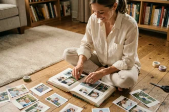 Femme arrangeant des photos de famille dans un album artisanal fait maison sur un plancher en bois