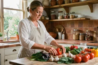Femme préparant des légumes frais pour un repas sain afin de prévenir l'hypertension artérielle