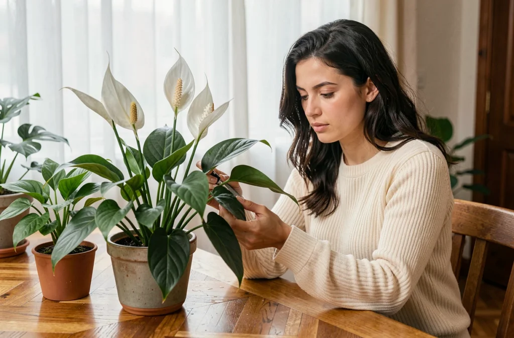 Femme brune vaporisant une plante lys de la paix sur une table en bois entourée de plantes vertes dans un intérieur chaleureux