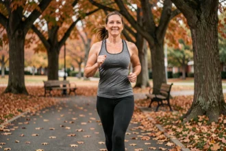 Femme adulte faisant du jogging dans un parc en automne, illustrant le lien entre activité physique et mémoire
