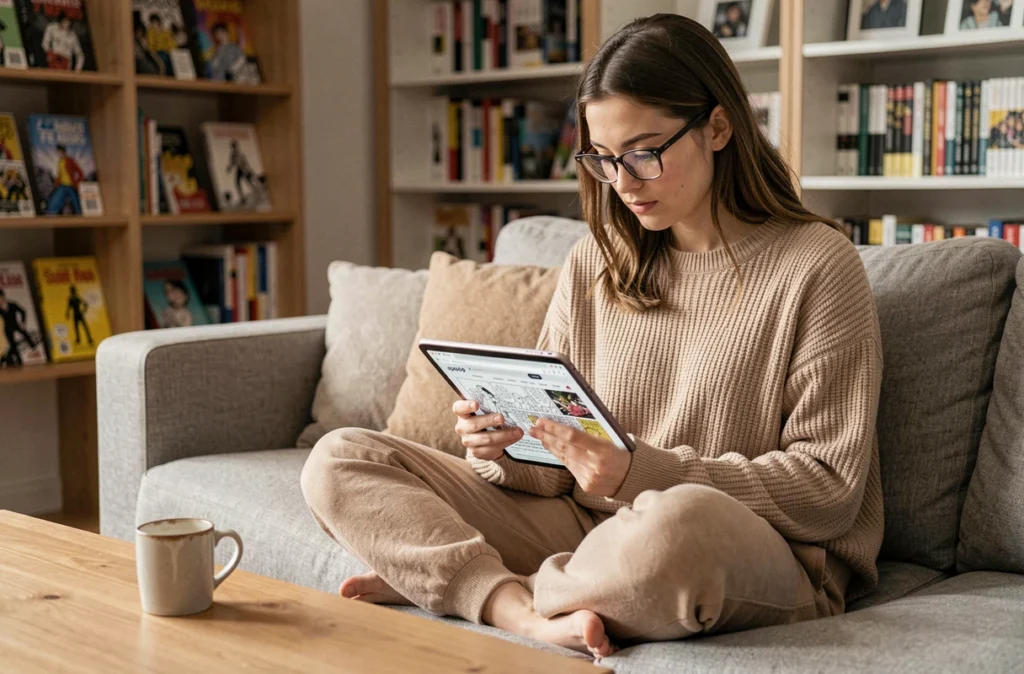 Jeune femme lisant Solo Leveling Ragnarok en français sur une tablette confortablement installée dans son salon