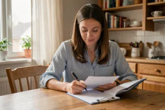 Femme consultant un dossier de microcrédit à la maison pour financer son projet personnel