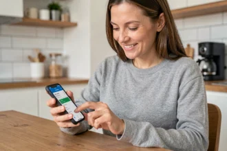 Femme consultant son application de néobanque sur smartphone avec des frais bancaires réduits dans une cuisine moderne