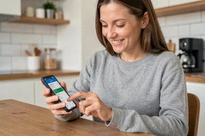 Femme consultant son application de néobanque sur smartphone avec des frais bancaires réduits dans une cuisine moderne