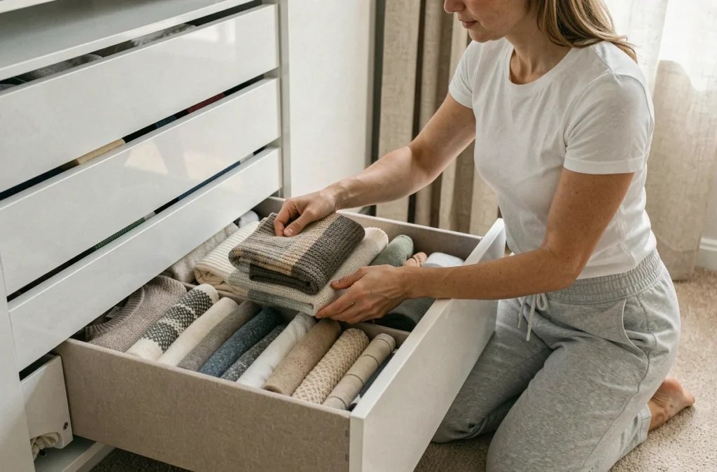 Femme rangeant des pulls pliés verticalement dans un tiroir de dressing organisé selon la méthode KonMari