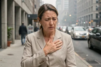 Femme en ville souffrant de difficultés respiratoires dues à la pollution de l'air urbain