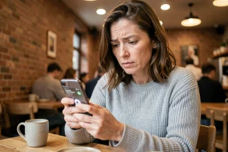 Femme consultant son smartphone dans un café pour identifier le préfixe d'un numéro de téléphone mobile inconnu