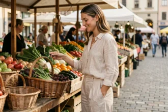 Femme en tenue lin naturelle au marché fermier, style élégant et responsable au quotidien