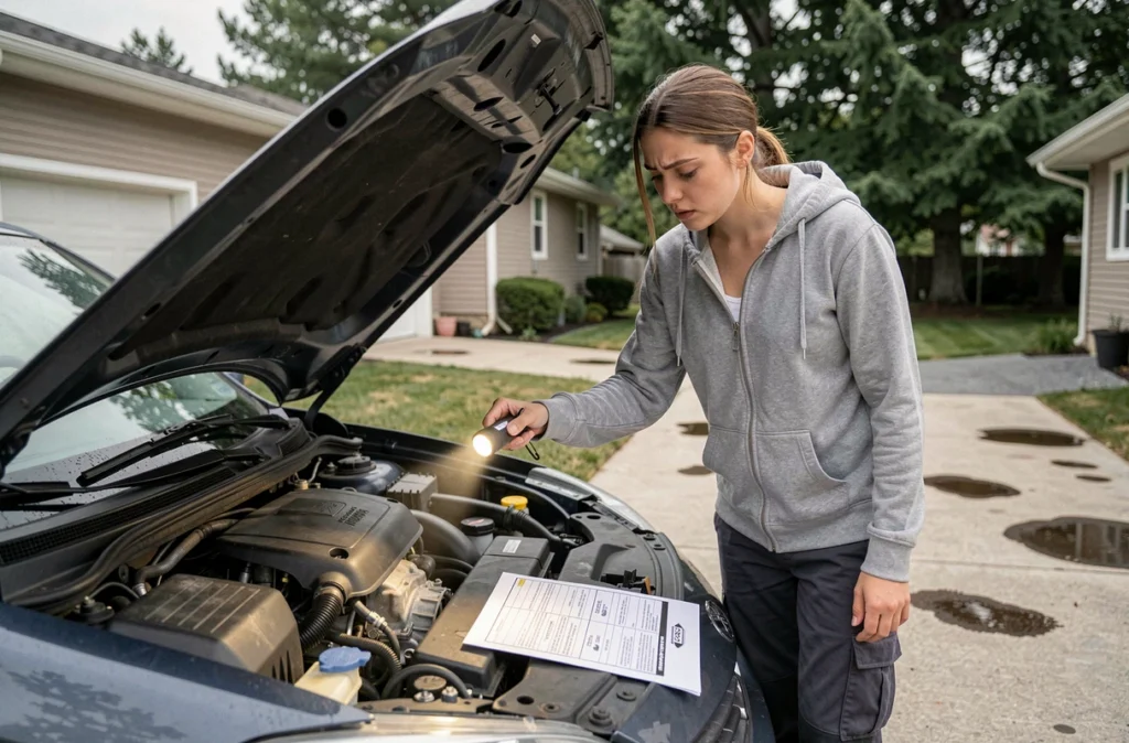 Femme vérifiant l'état de la courroie de distribution de sa voiture dans une allée résidentielle avec une liste de contrôle
