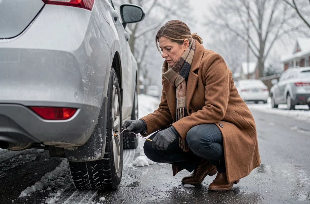 Femme vérifiant la profondeur des sculptures de son pneu hiver à l'aide d'une jauge, accroupie près de sa voiture sur une rue suburbaine givrée
