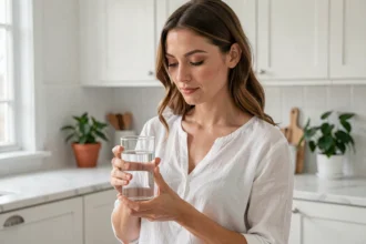 Femme tenant un verre d'eau dans une cuisine scandinave lumineuse, illustrant une routine d'hydratation quotidienne