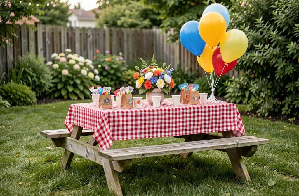 Installation d'une fête d'anniversaire pour enfants dans un jardin résidentiel avec table décorée