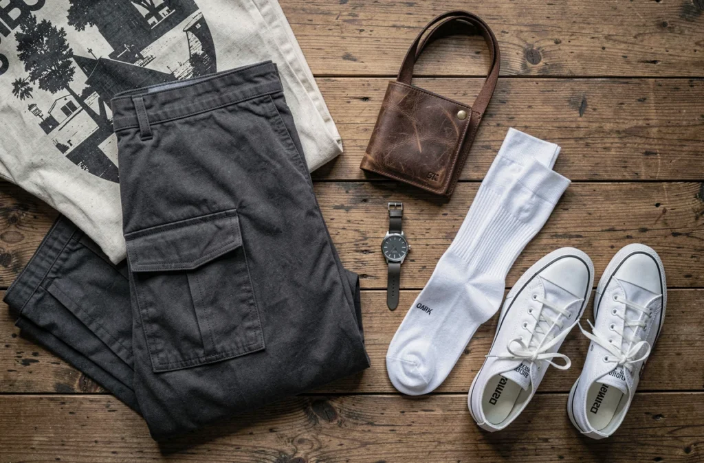 Flat-lay éditorial d'un pantalon cargo gris anthracite avec accessoires urbains sur bois naturel, style vestimentaire casual