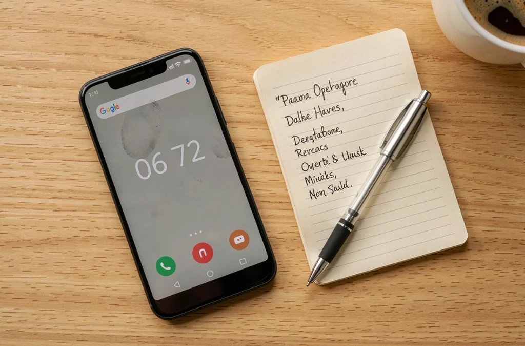 Flatlay d'un smartphone affichant un numéro mobile 06 72 et un carnet de notes sur les opérateurs téléphoniques français