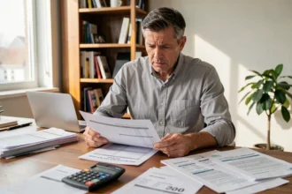 Homme consultant des documents de frais immobiliers et un calculateur sur un bureau en bois dans un bureau à domicile