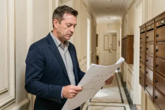 Gestionnaire de copropriété examinant des plans de travaux dans le couloir d'un immeuble résidentiel haussmannien