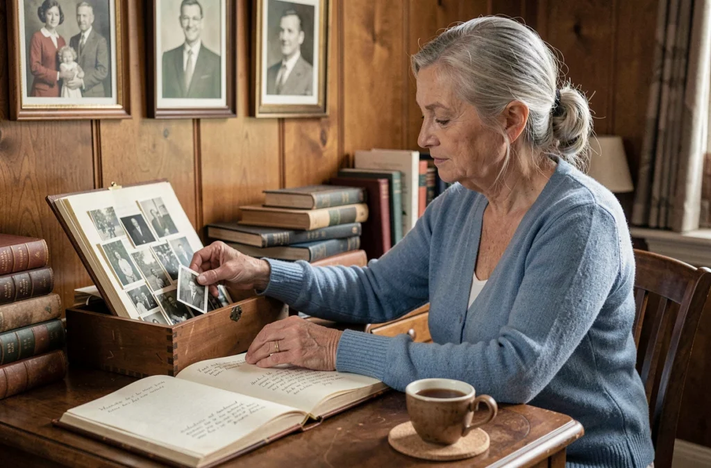 Grand-mère choisissant des photos de famille pour créer un album souvenir artisanal à son bureau