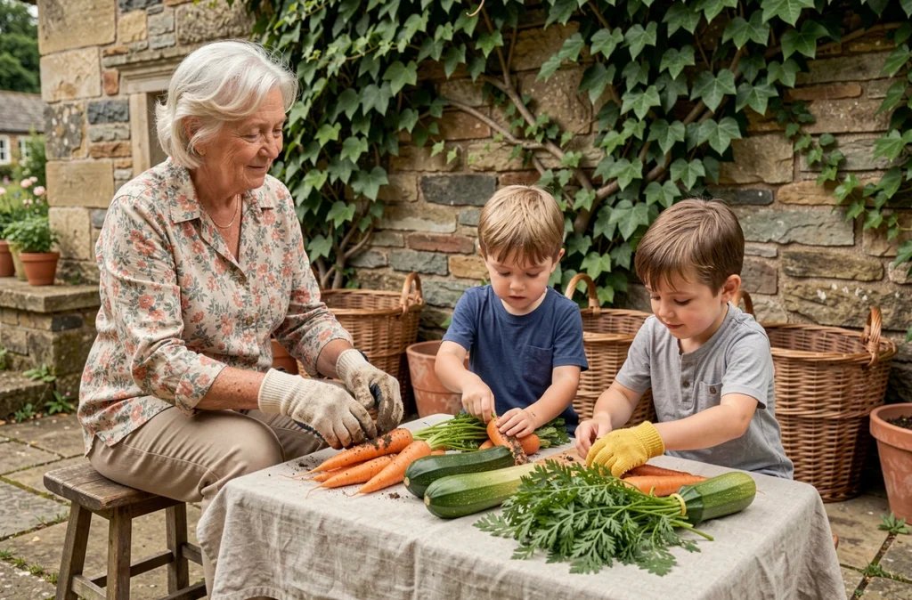 Grand-mère et petits-enfants triant des légumes fraîchement récoltés du potager sur une table de jardin en pierre