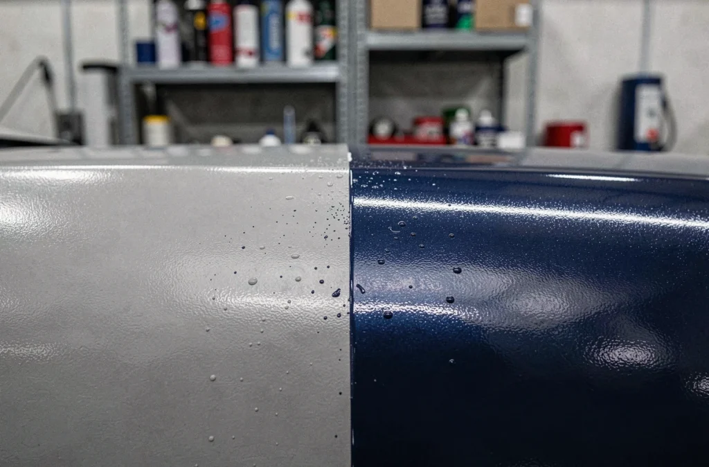 Gros plan sur une carrosserie en cours de rénovation avec peinture hydrodiluable bleue et surface apprêtée