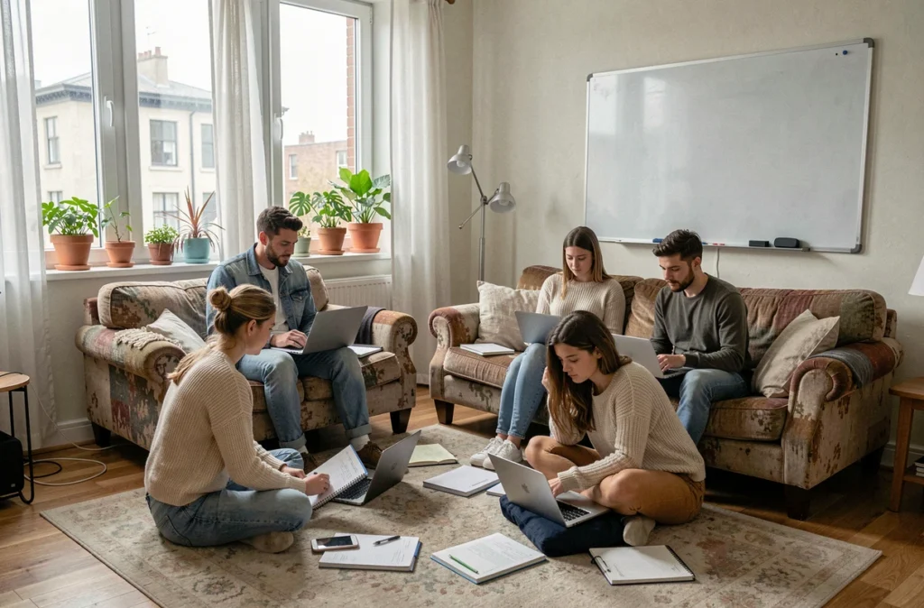 Groupe de quatre étudiants en colocation réunis dans le salon pour une session de travail en commun dans un appartement urbain