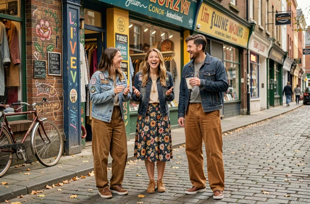 Groupe de jeunes adultes en tenues chinées devant une boutique de friperie en ville, tendance mode durable et seconde main