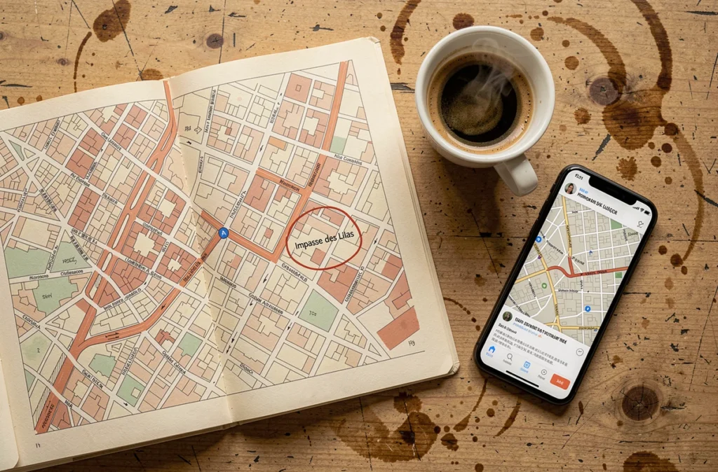 Guide pratique de ville ouvert sur une table de café avec une carte annotée indiquant la rue menant à l'impasse des Lilas